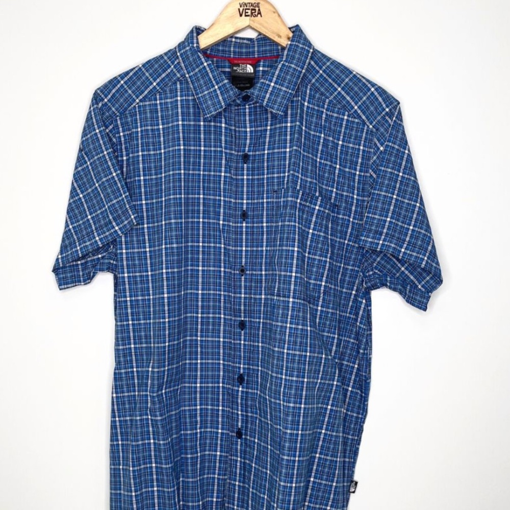 THE NORTH FACE Vintage Button Up Blue Check Mens Short Sleeve Shirt SZ: Medium